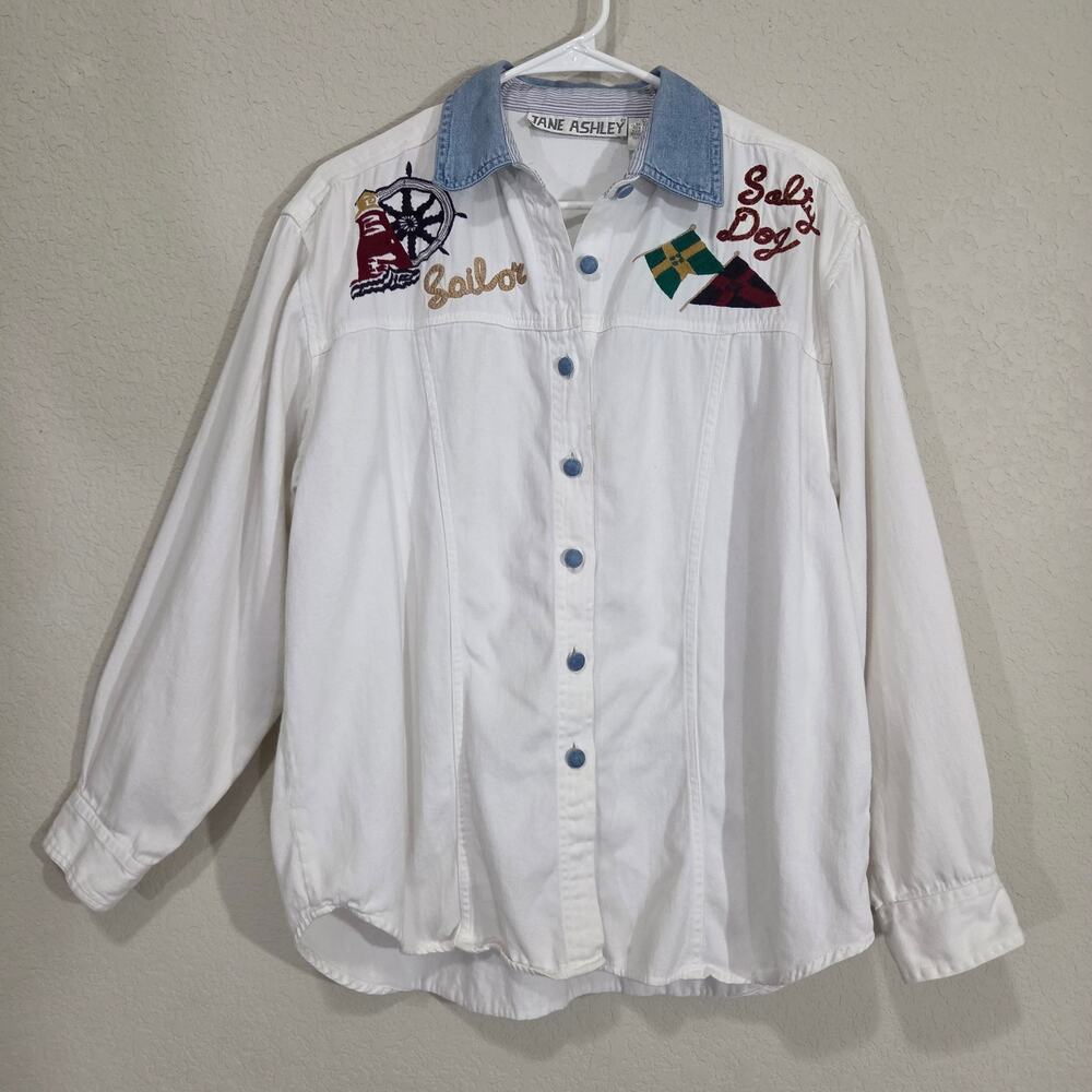 Vintage 90s Shirt Jane Ashley Womens M / L Nautical Embroidered Sailing Cotton